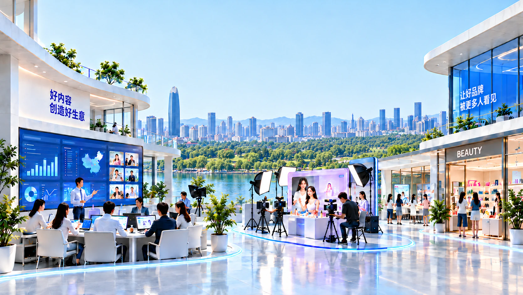 内容运营、直播制作与门店经营概念场景，结合济南泉标、超然楼与奥体中心实景参考；建筑标语：好内容，创造好生意；让好品牌被更多人看见。